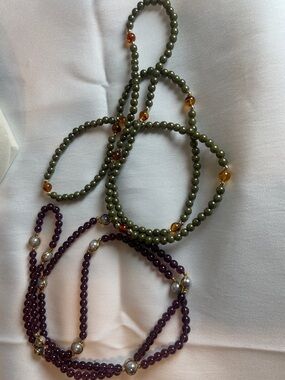 Olive Green & Deep Purple Layered Beaded Necklace Set 36 inch and 40 inch